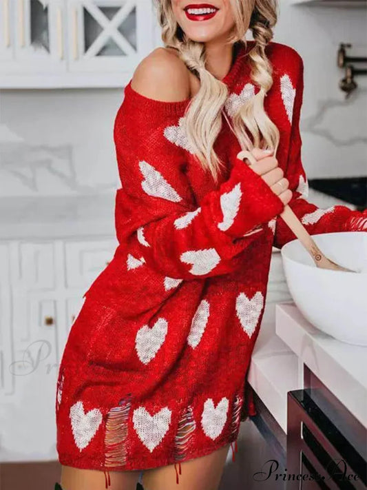 Hollow Out Hole Charming Heart Sweater Dress Red / S Sweaters-L