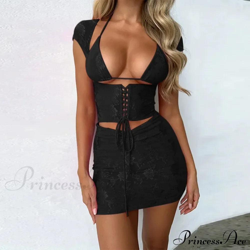 Hollow Out Jacquard Lace Co-Ords Set Mini Dress