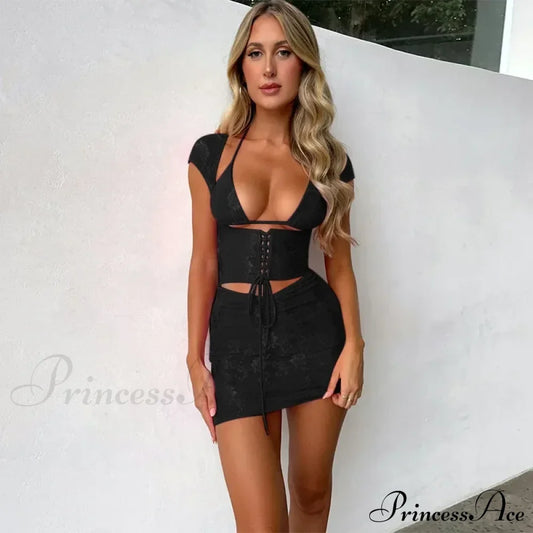 Hollow Out Jacquard Lace Co-Ords Set Mini Dress Black / S