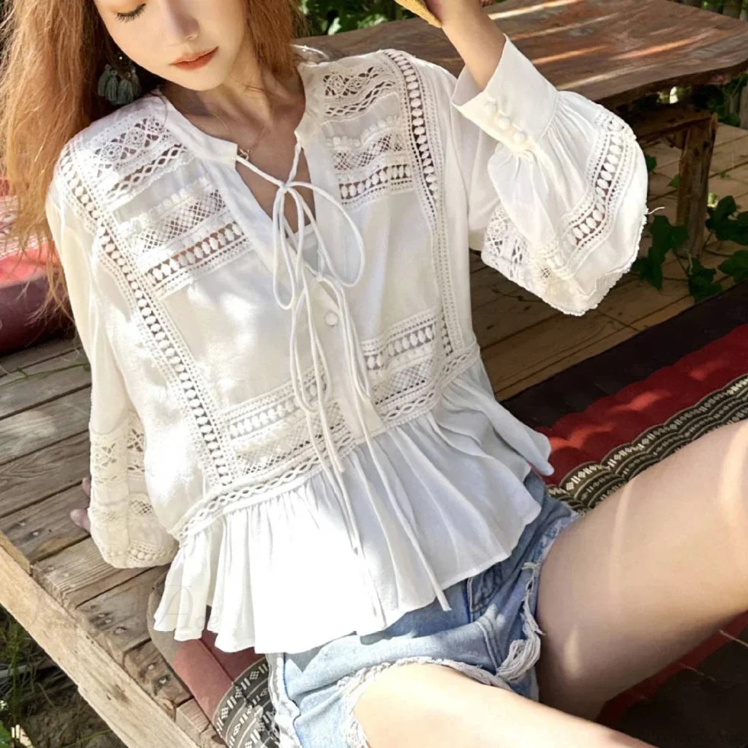Hollow Out Lace Ethnic Long Sleeve Ruffles Boho Blouse