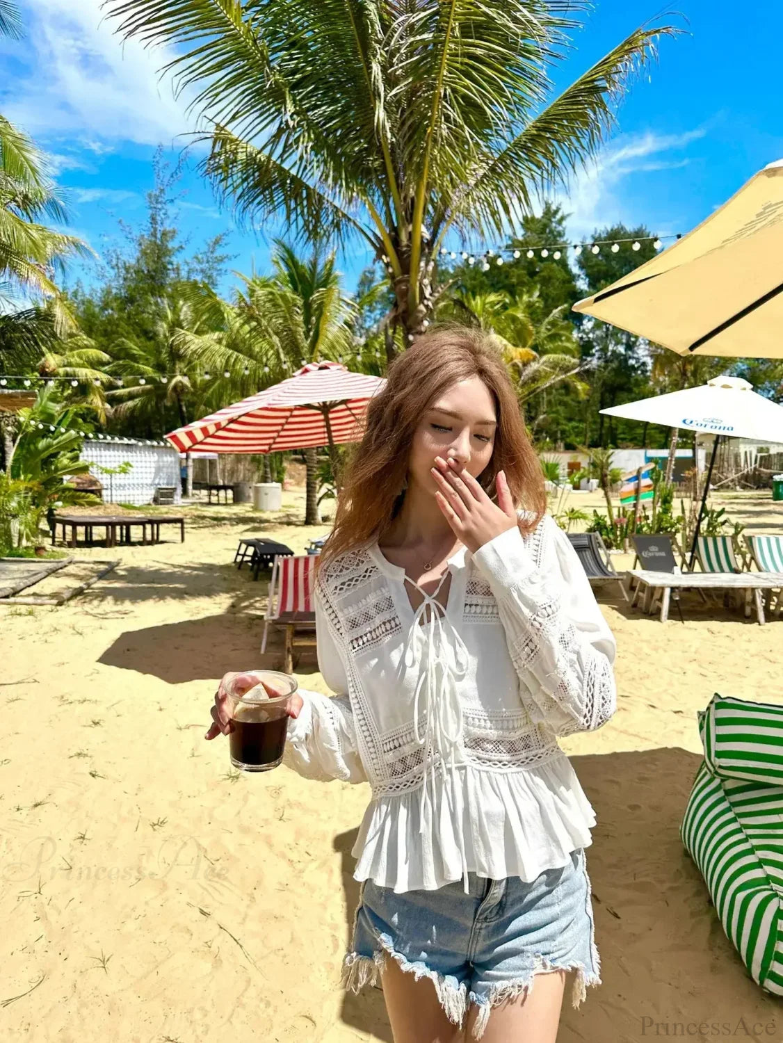 Hollow Out Lace Ethnic Long Sleeve Ruffles Boho Blouse White / S