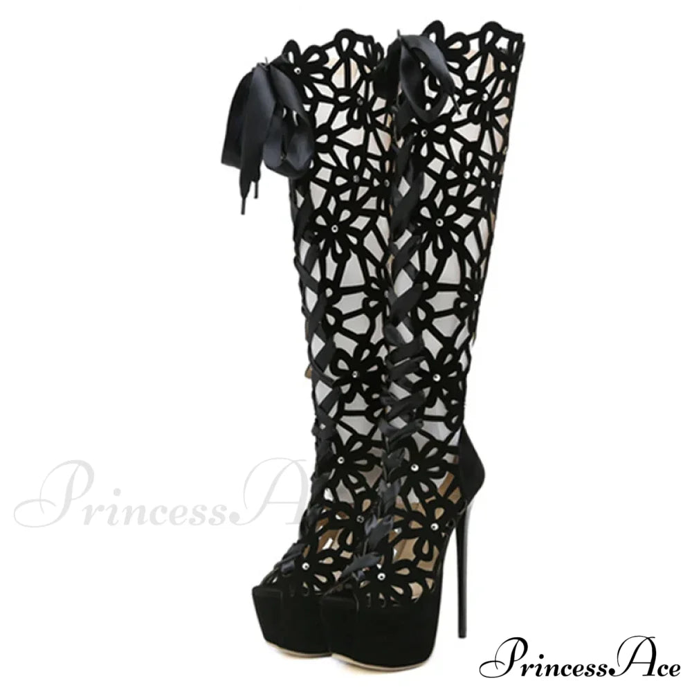 Hollow-Out Lace-Up Platform Knee-High Sexy Sandals Cross-Tie Peep-Toefashionable High Heel