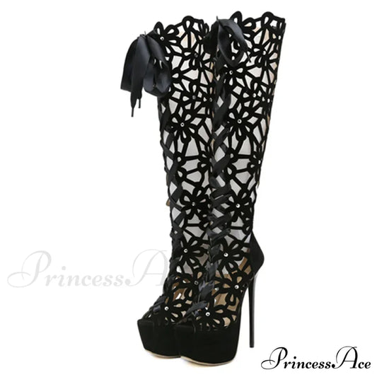 Hollow-Out Lace-Up Platform Knee-High Sexy Sandals Cross-Tie Peep-Toefashionable High Heel Black /