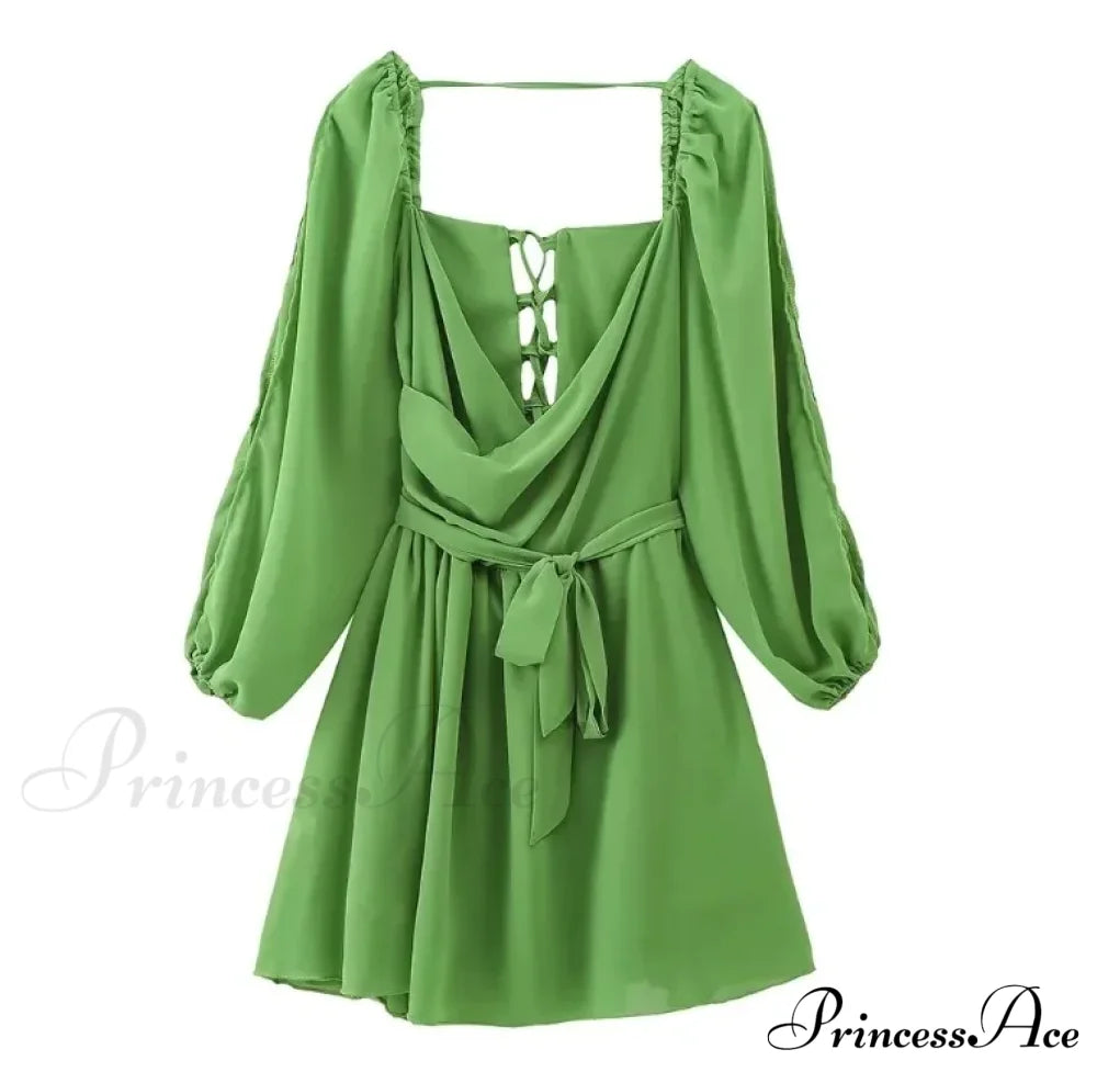 Hollow Out Lantern Sleeve Mini Dress Sexy Solid V Neck Christmas Party Light Green / Xs Dresses-L