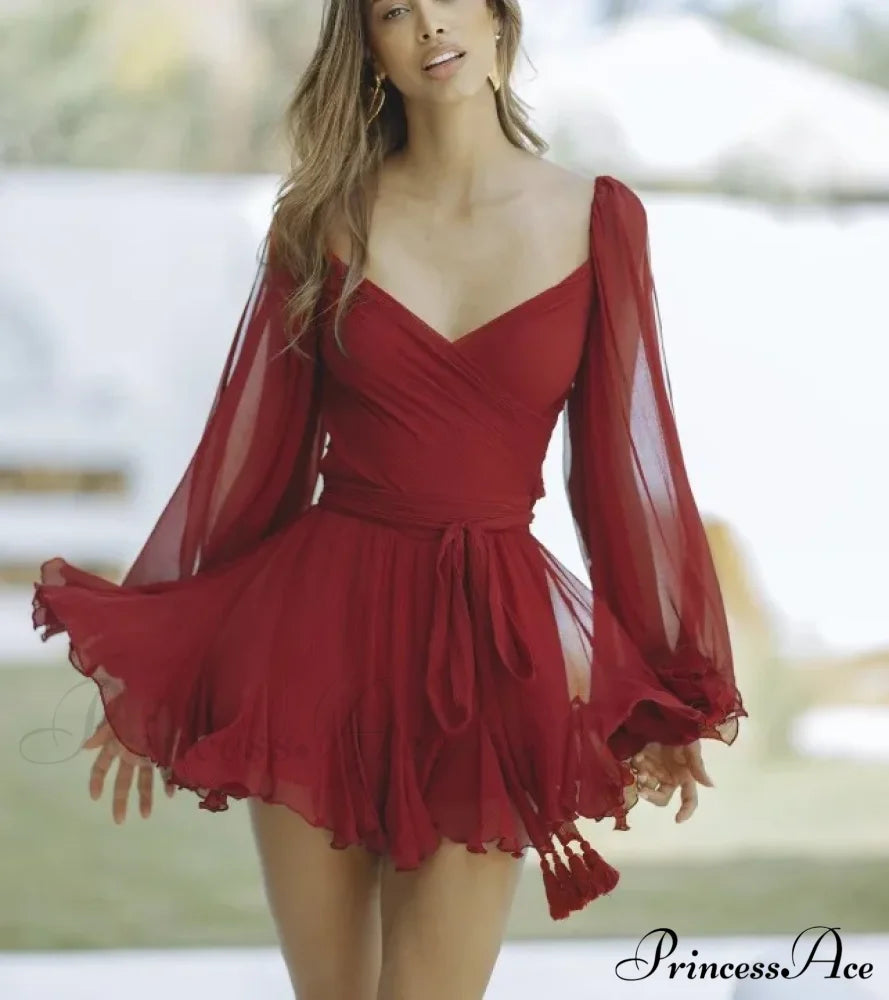 Hollow Out Lantern Sleeve Mini Dress Sexy Solid V Neck Christmas Party Red / Xs Dresses-L