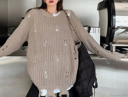 Hollow Out Lazy Style Pullover Sweater Khaki / S