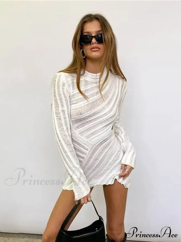 Hollow Out Long Sleeve Knitted Slim Mini Dress White / S