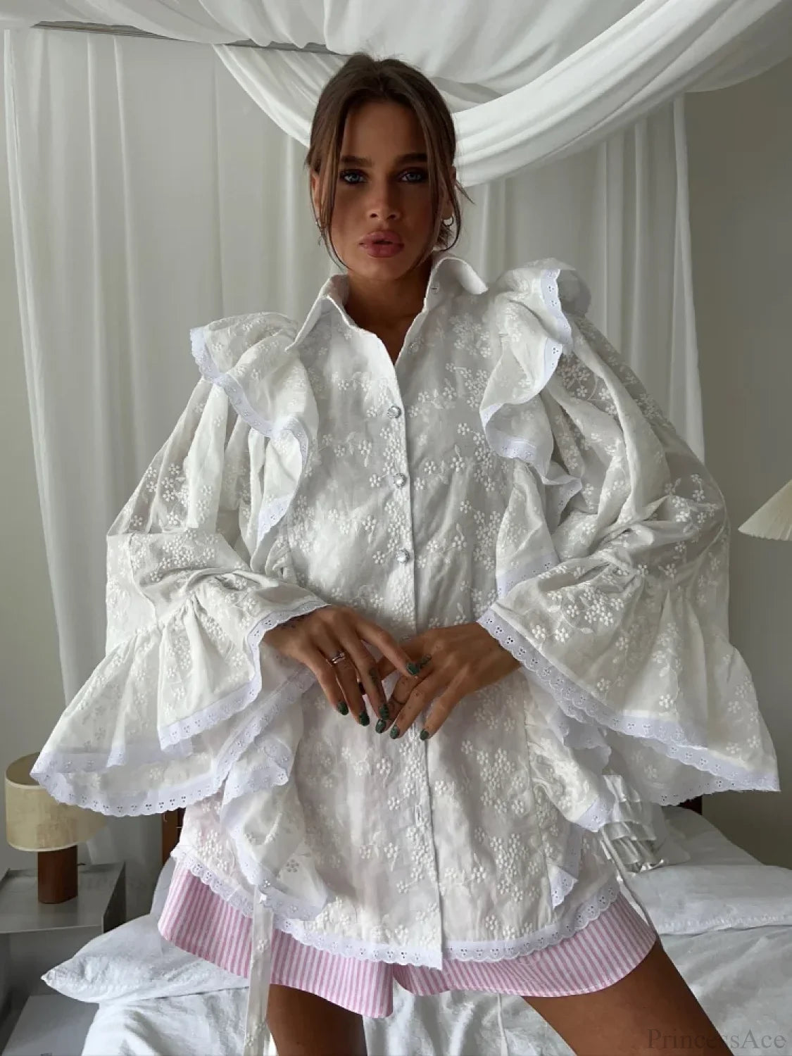 Hollow Out Lotus Leaf Edge White Blouse blouse-250223