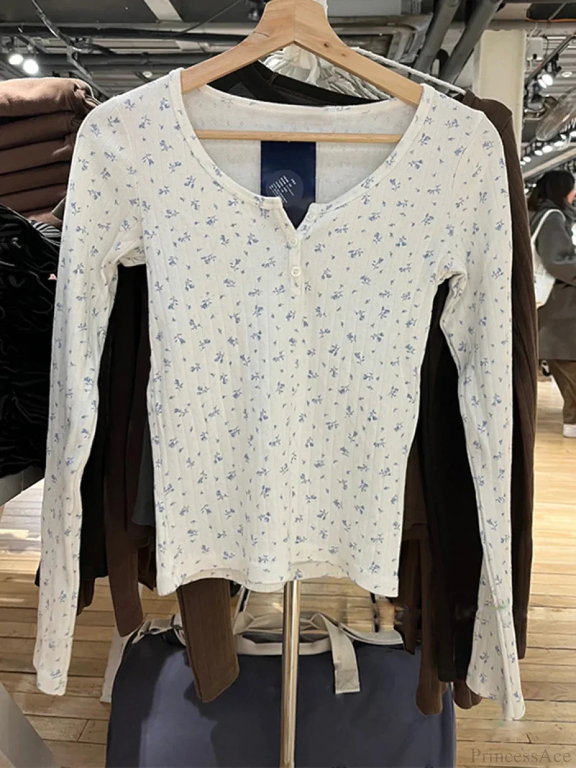 Hollow Out Pink Long Sleeve Sexy Slim Top Knit Top Blue floral print / One Size knittop-250126