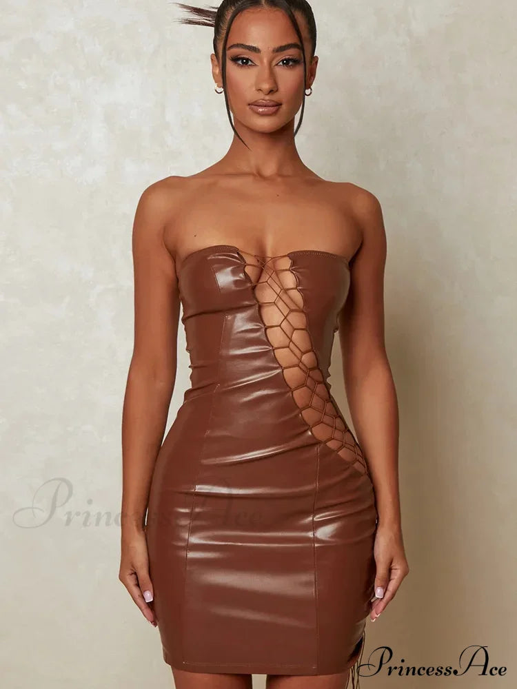 Hollow Out Pu Leather Strapless Sleeveless Bodycon Party Short Mini Dress