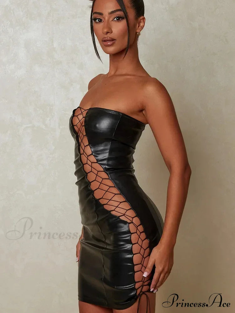 Hollow Out Pu Leather Strapless Sleeveless Bodycon Party Short Mini Dress