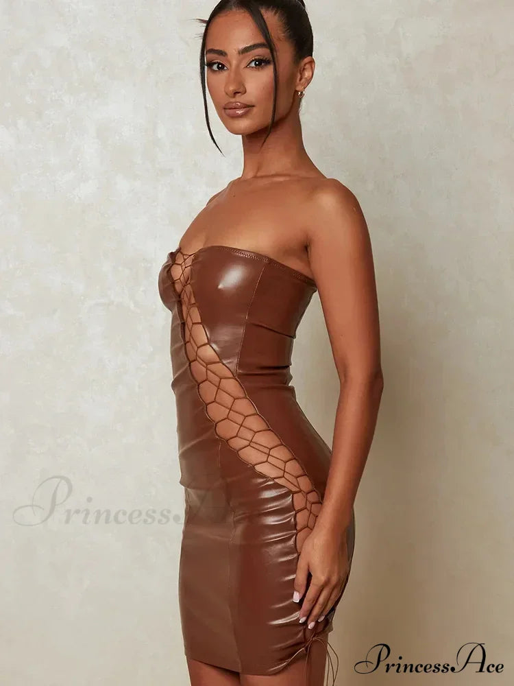 Hollow Out Pu Leather Strapless Sleeveless Bodycon Party Short Mini Dress