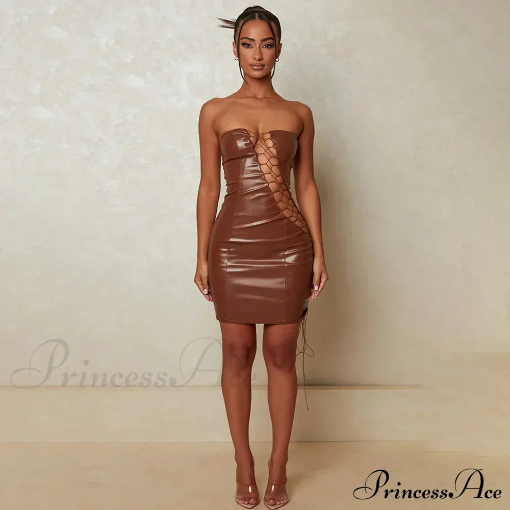 Hollow Out Pu Leather Strapless Sleeveless Bodycon Party Short Mini Dress Brown / S