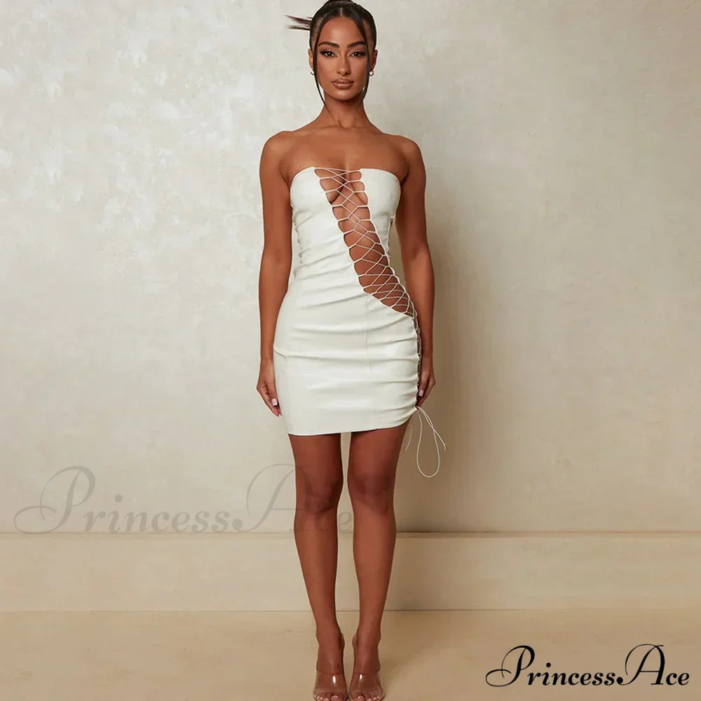 Hollow Out Pu Leather Strapless Sleeveless Bodycon Party Short Mini Dress White / S