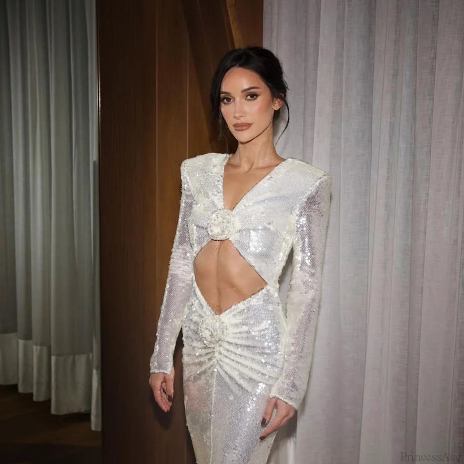 Hollow Out Sequin Deep V Maxi Prom Dress white / XS promdress-250223