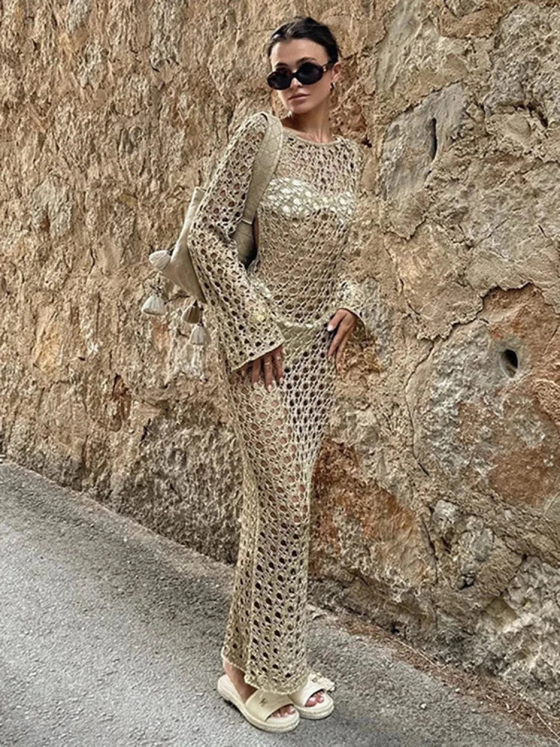 Hollow Out Sleeveless Beach Cover Up Khaki / S