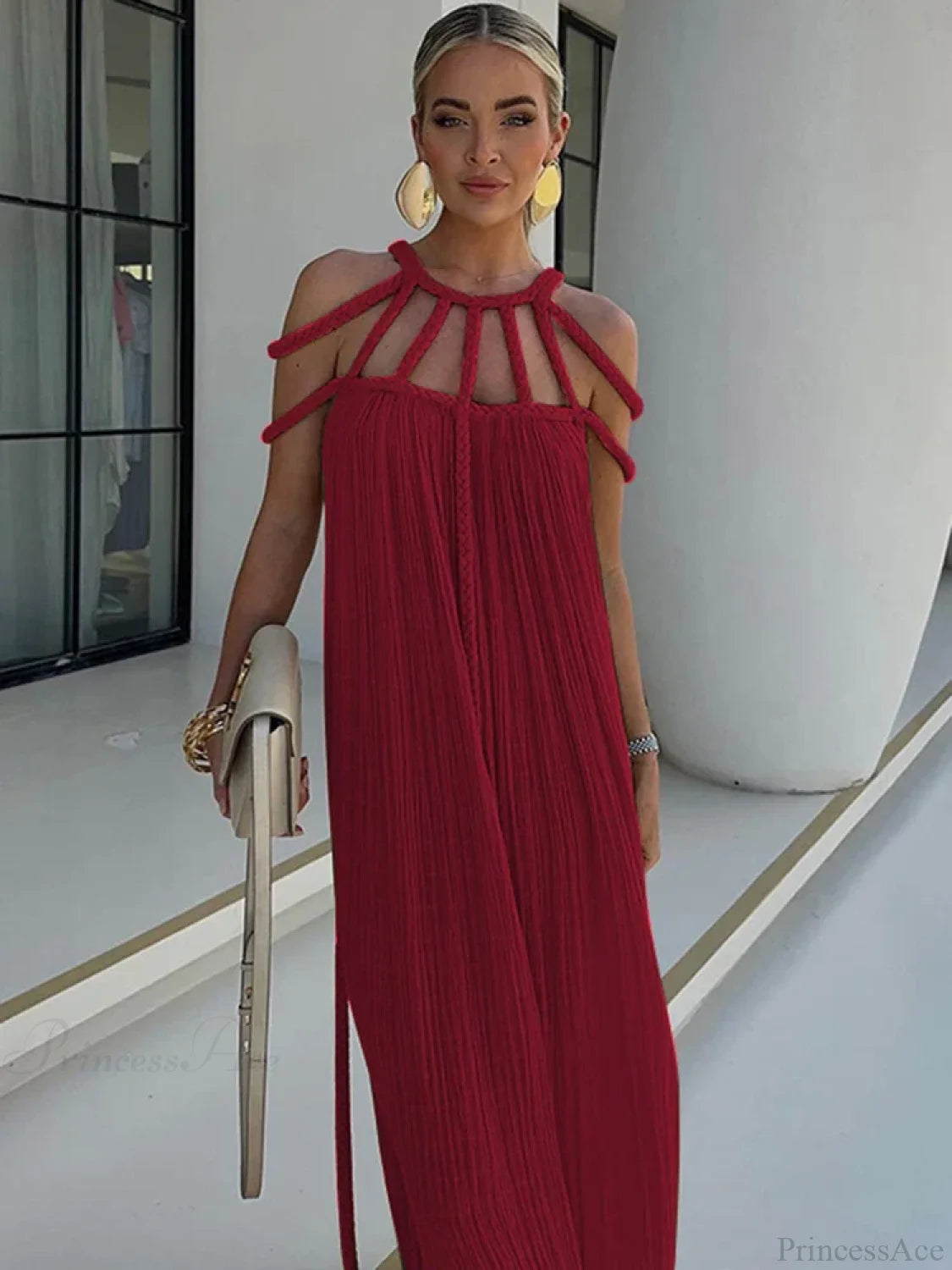 Hollow Out Sleeveless Beach Cover Up Red / One Size