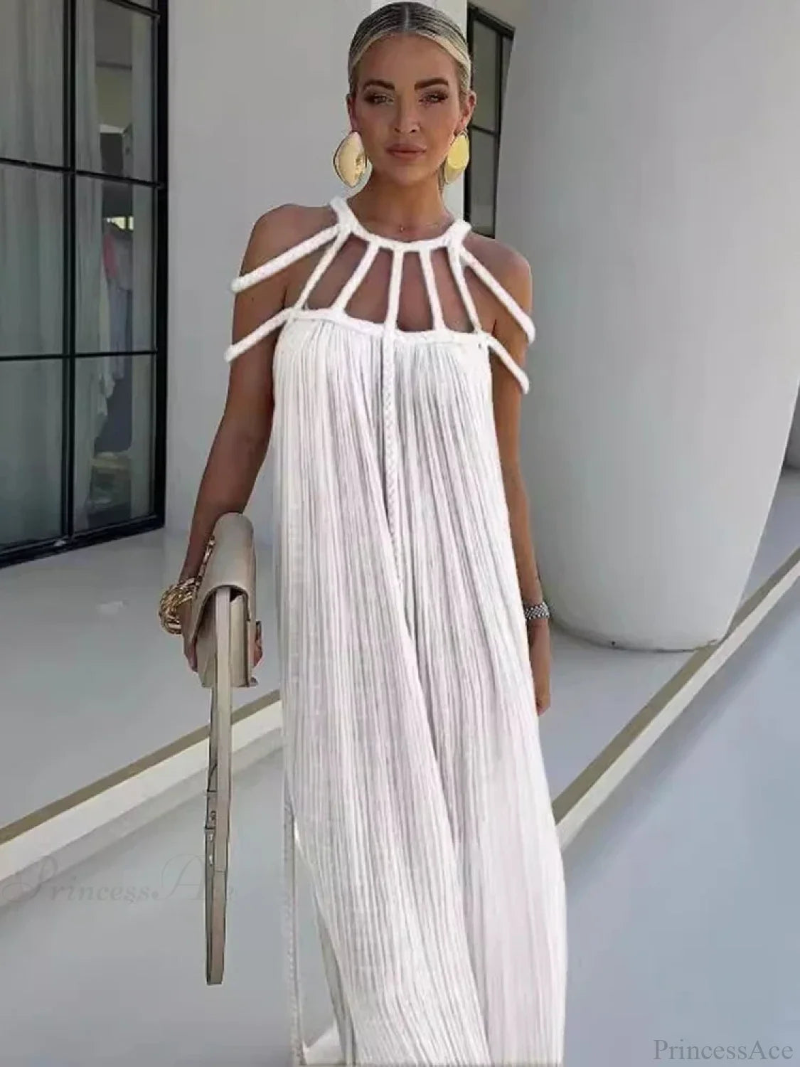 Hollow Out Sleeveless Beach Cover Up WHITE / One Size