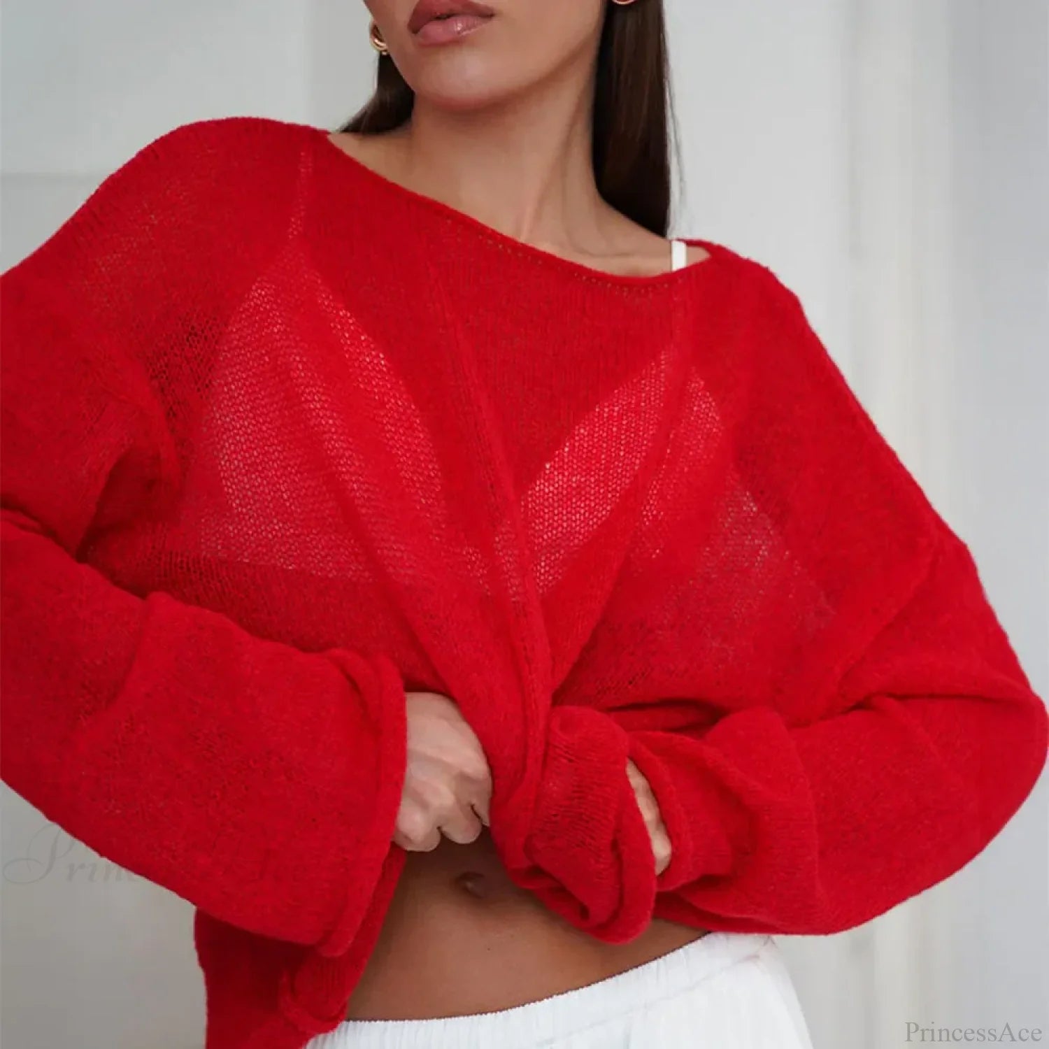 Hollow See-through O-neck Long Sleeve Sweater