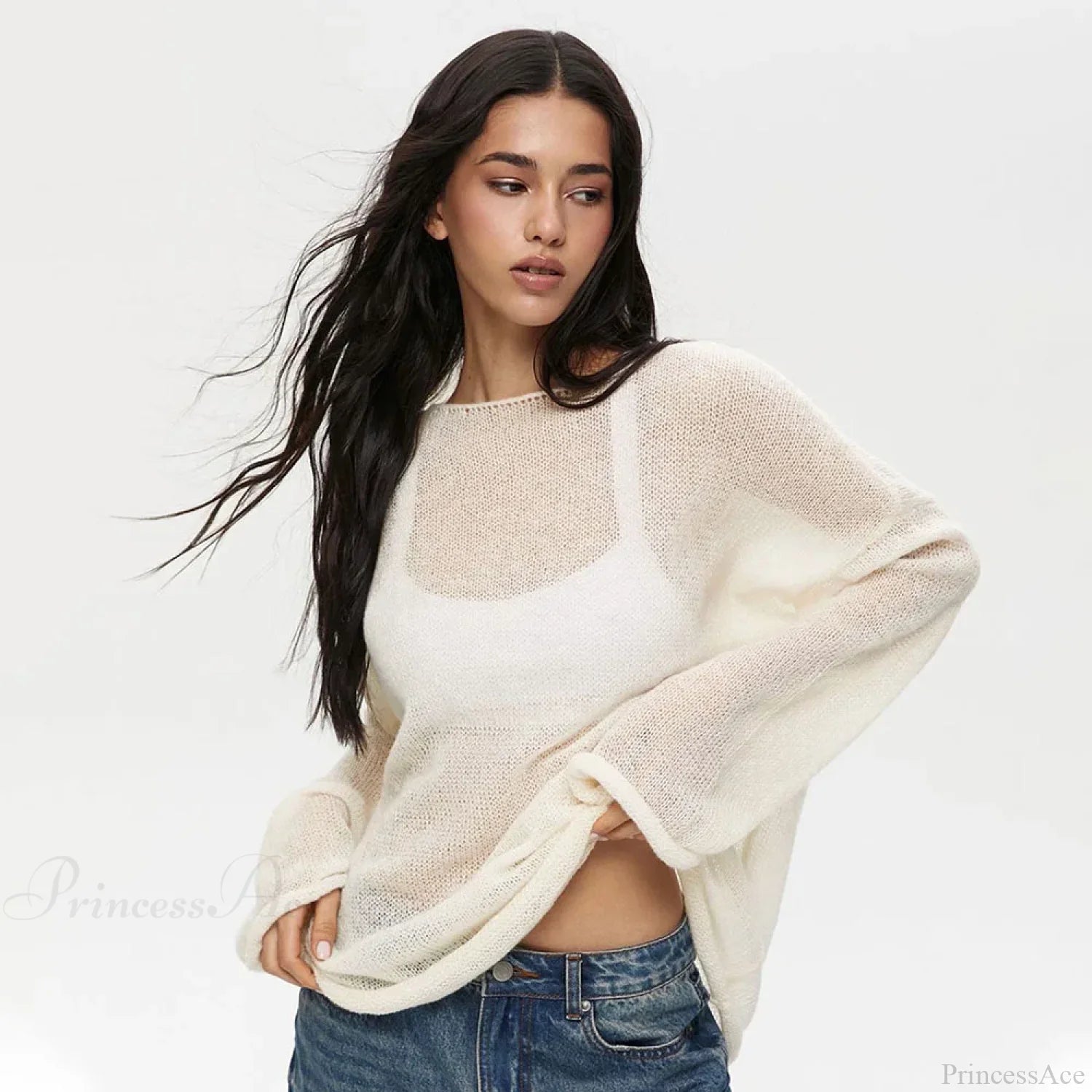 Hollow See-through O-neck Long Sleeve Sweater