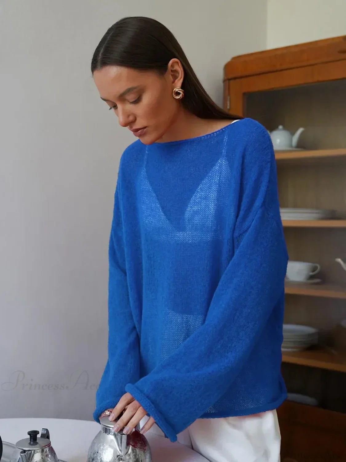 Hollow See-through O-neck Long Sleeve Sweater Blue / S
