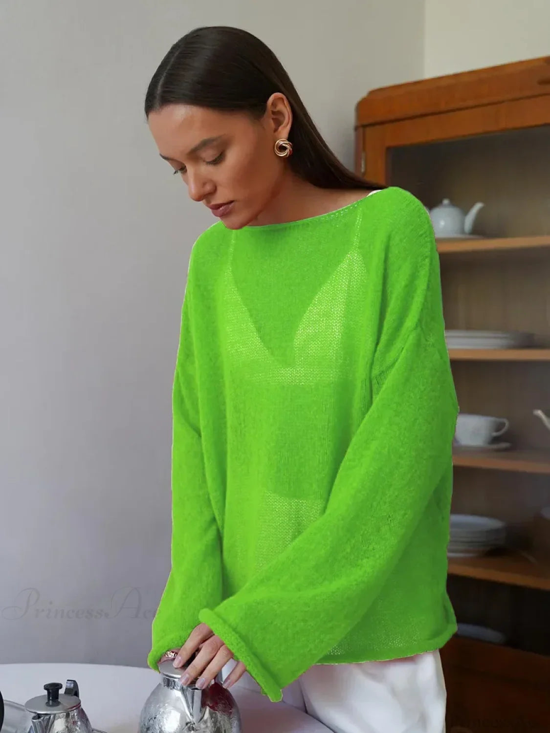 Hollow See-through O-neck Long Sleeve Sweater Green / S