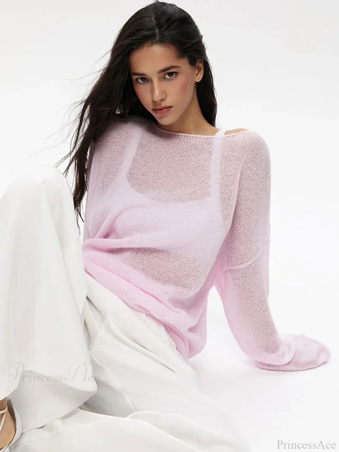 Hollow See-through O-neck Long Sleeve Sweater Pink / S