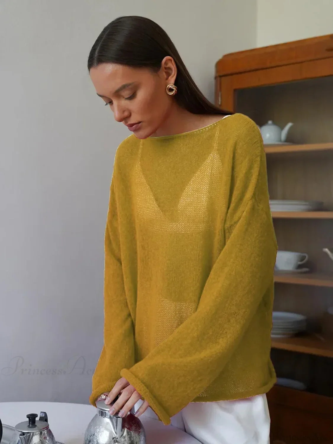 Hollow See-through O-neck Long Sleeve Sweater Yellow / S