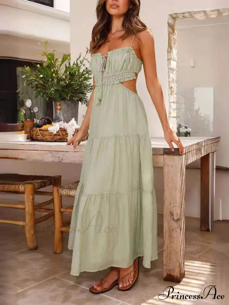 Hollow Sleeveless Pleated Charming Patchwork Full Hem Dress Green / S Dresses