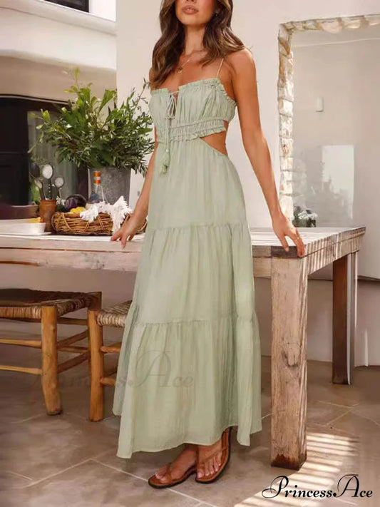 Hollow Sleeveless Pleated Charming Patchwork Full Hem Dress Green / S Dresses