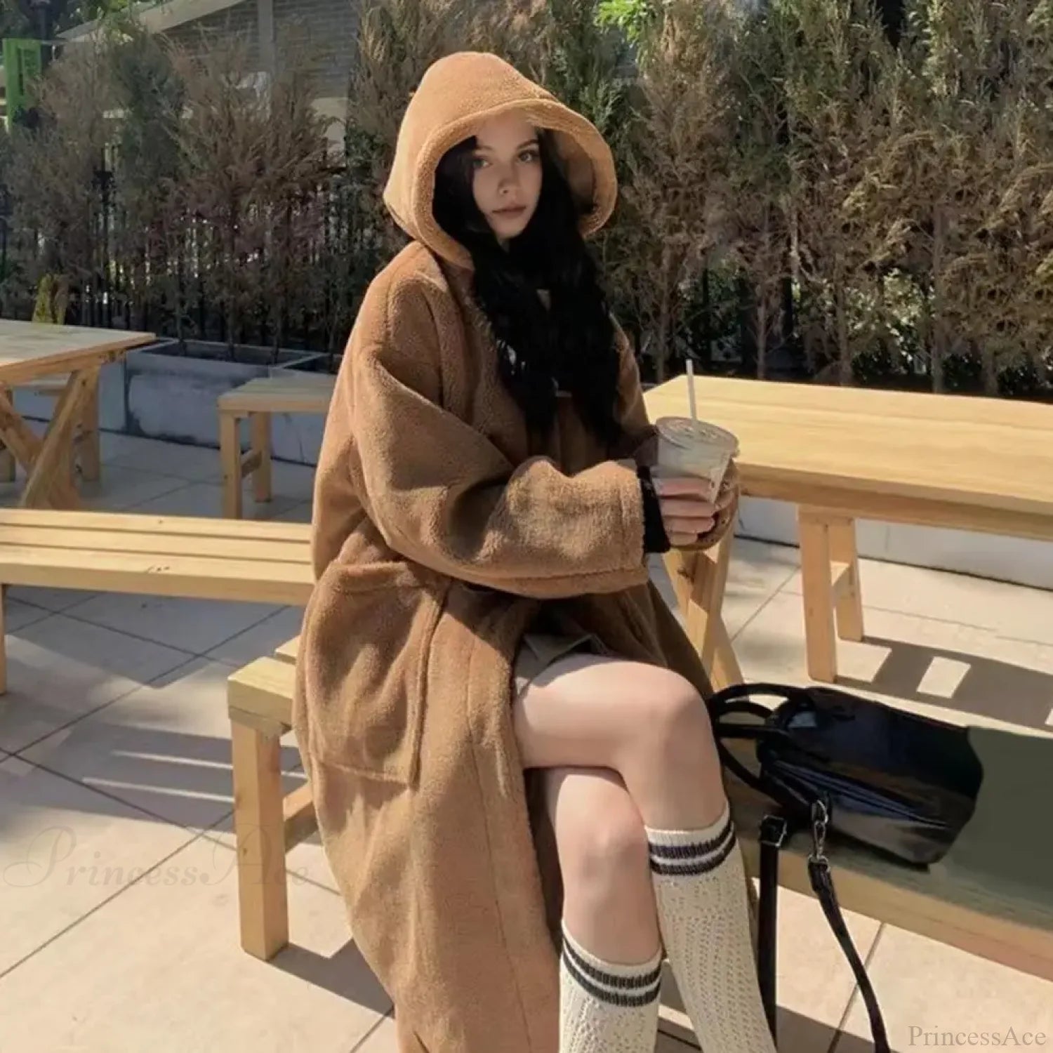 Hooded Fleece Lined Mid-Length Overcoat Coffee / M