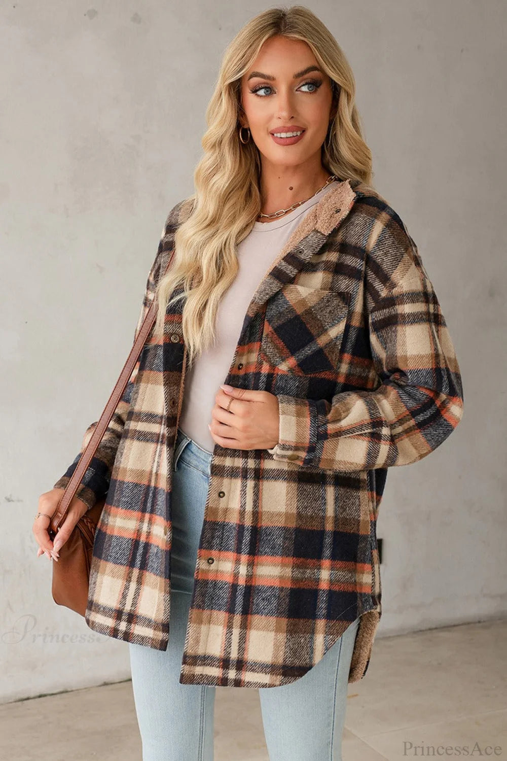 Hooded Long Sleeve Plaid Print Fleece Lined Coat 格纹 / S