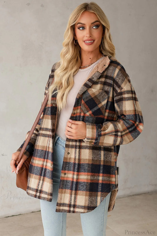 Hooded Long Sleeve Plaid Print Fleece Lined Coat 格纹 / S