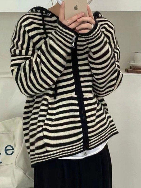 Contrasting Colors Striped Hooded Zipper Sweater Cardigan Casual Long-sleeved Loose Hoodie