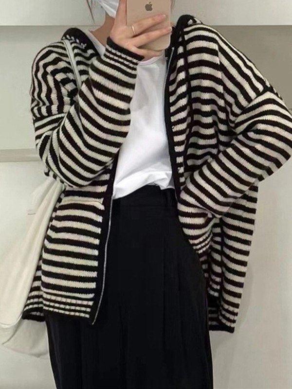 Contrasting Colors Striped Hooded Zipper Sweater Cardigan Casual Long-sleeved Loose Hoodie