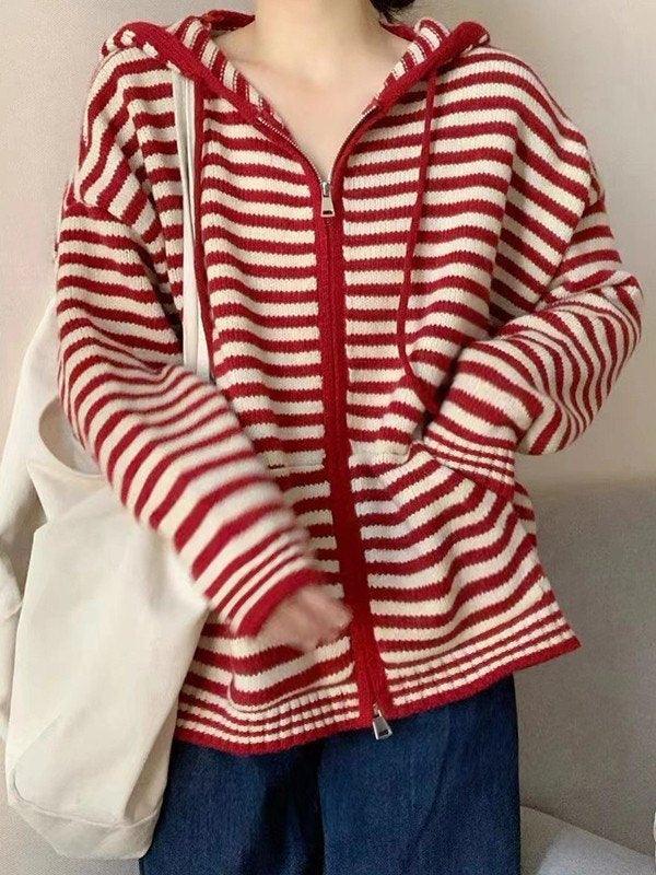 Contrasting Colors Striped Hooded Zipper Sweater Cardigan Casual Long-sleeved Loose Hoodie