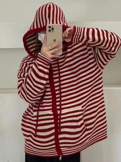 Contrasting Colors Striped Hooded Zipper Sweater Cardigan Casual Long-sleeved Loose Hoodie