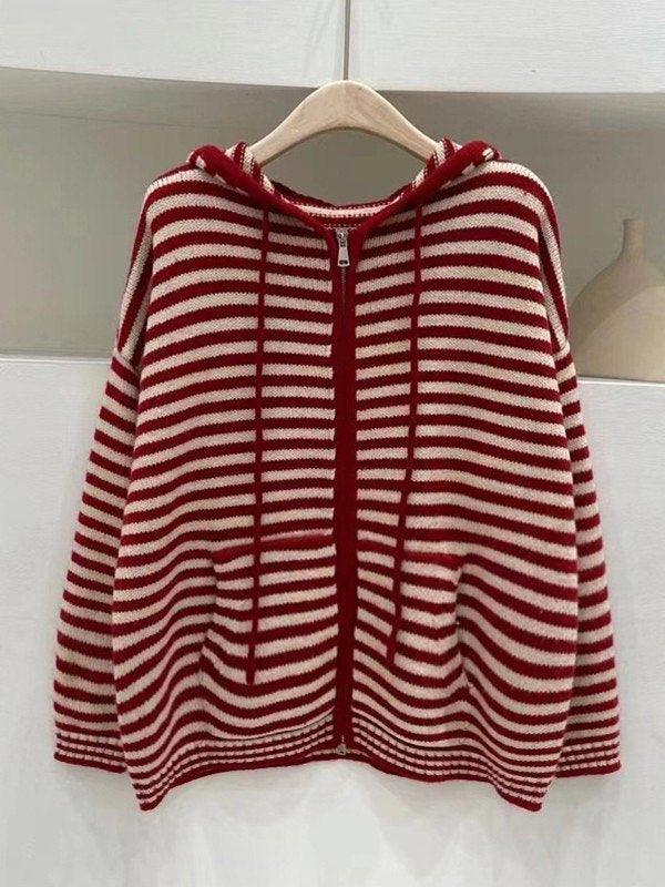 Contrasting Colors Striped Hooded Zipper Sweater Cardigan Casual Long-sleeved Loose Hoodie