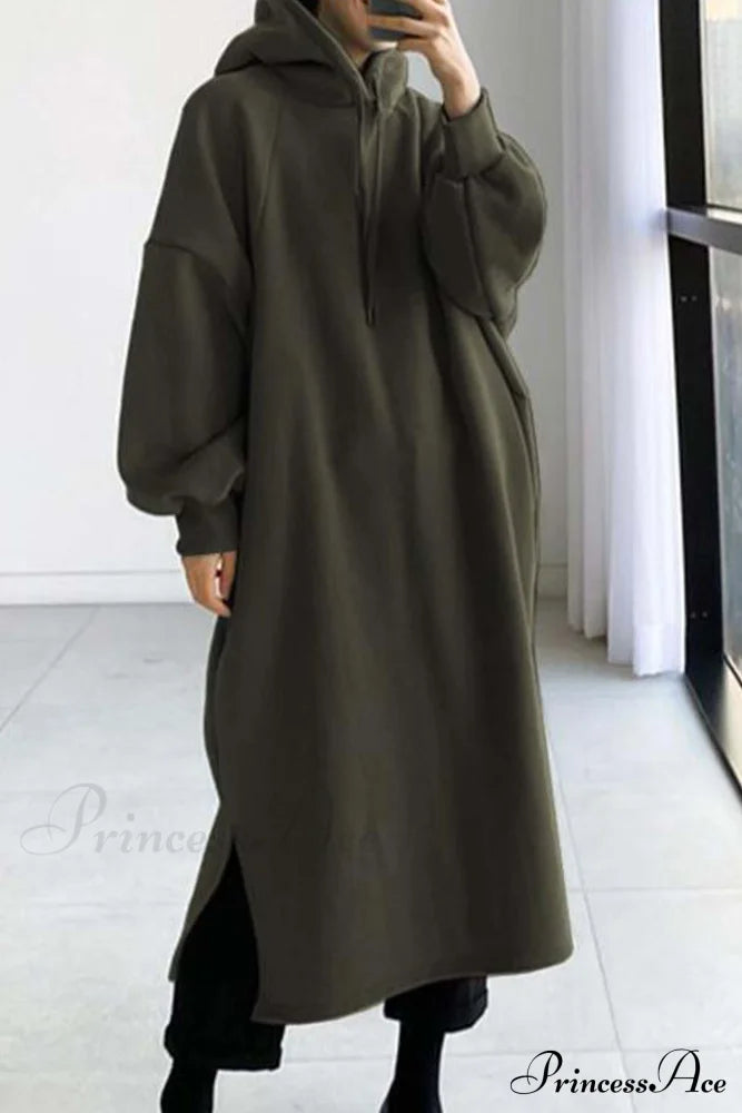 Hooded Sweatshirt Dress With Drop Shoulder Army Green / S Midi Dresses