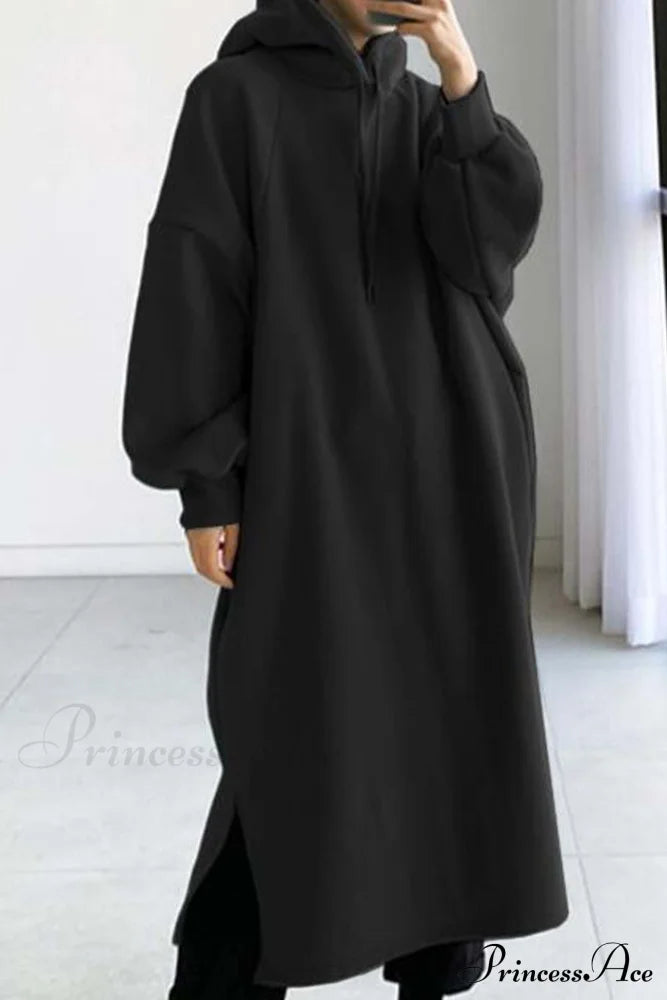 Hooded Sweatshirt Dress With Drop Shoulder Black / S Midi Dresses