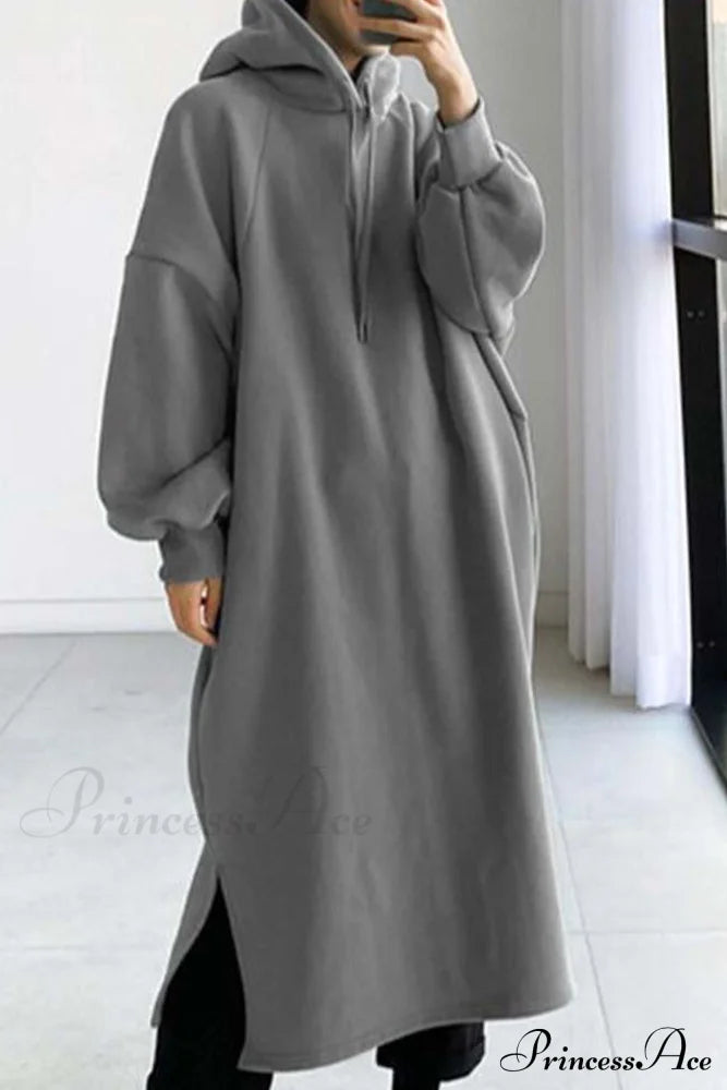 Hooded Sweatshirt Dress With Drop Shoulder Grey / S Midi Dresses