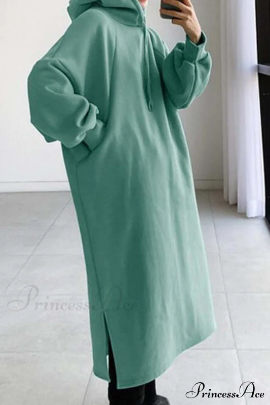 Hooded Sweatshirt Dress With Drop Shoulder Light Green / M Midi Dresses