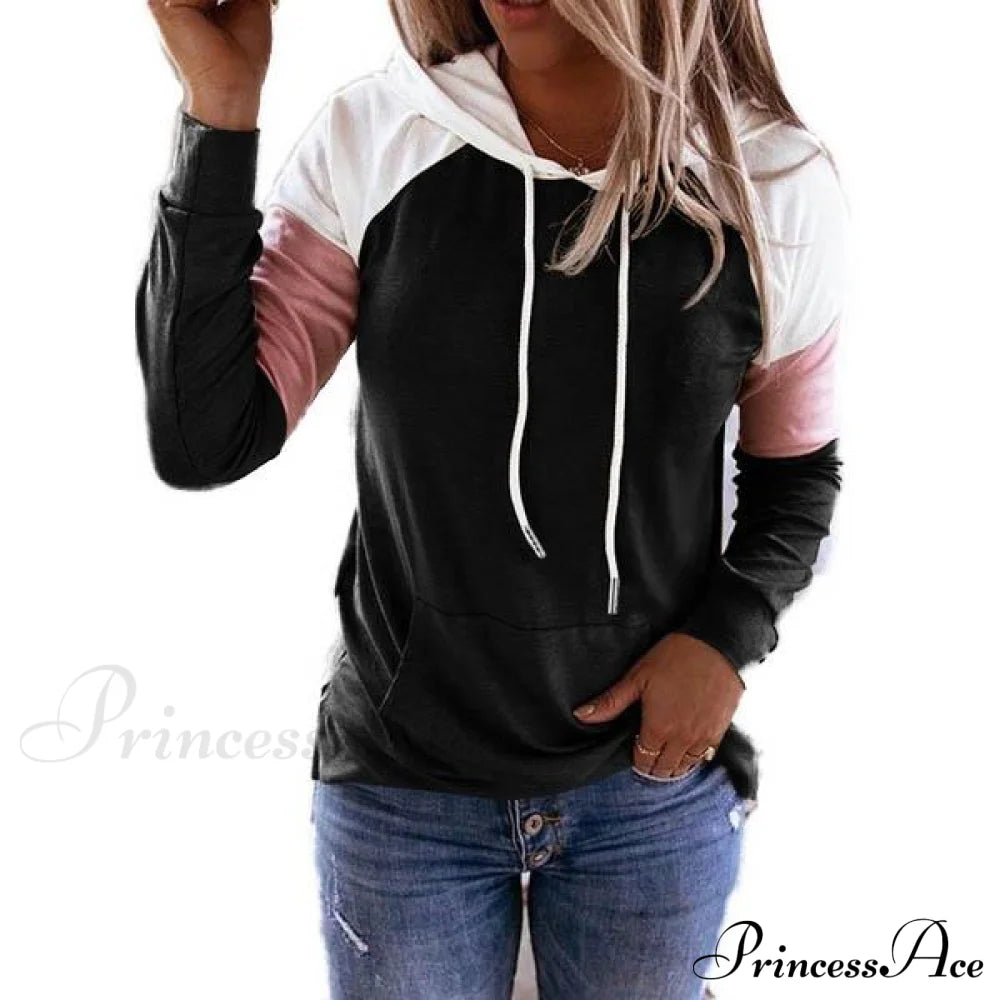 Winter Women’s Fashion Casual Sweatshirts Long Sleeve Hooded Pullover Loose Block Color Pockets Sweatshirts Black __stock:100 clothes refund_fee:800 tops