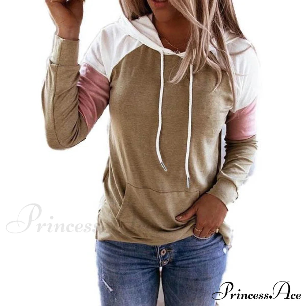 Winter Women’s Fashion Casual Sweatshirts Long Sleeve Hooded Pullover Loose Block Color Pockets Sweatshirts Khaki __stock:100 clothes refund_fee:800 tops