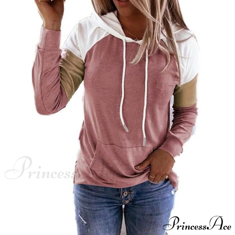 Winter Women’s Fashion Casual Sweatshirts Long Sleeve Hooded Pullover Loose Block Color Pockets Sweatshirts Pink __stock:100 clothes refund_fee:800 tops