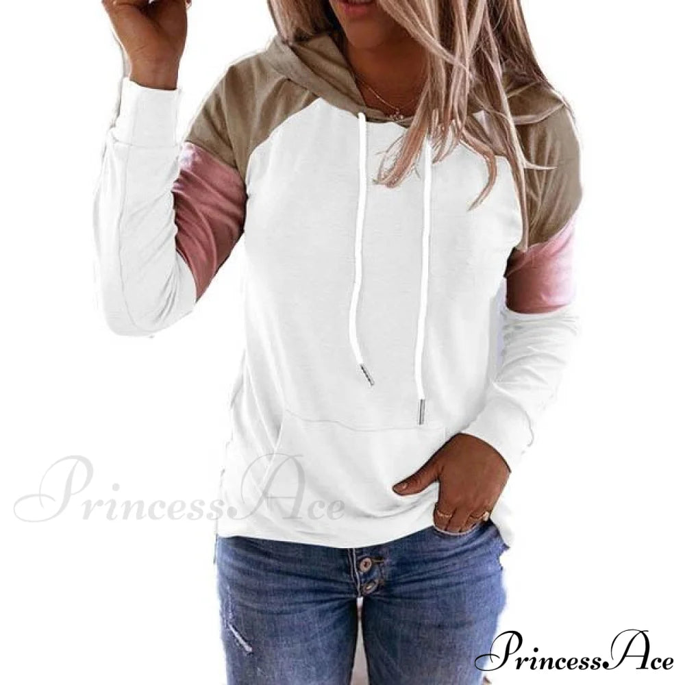 Winter Women’s Fashion Casual Sweatshirts Long Sleeve Hooded Pullover Loose Block Color Pockets Sweatshirts White __stock:100 clothes refund_fee:800 tops