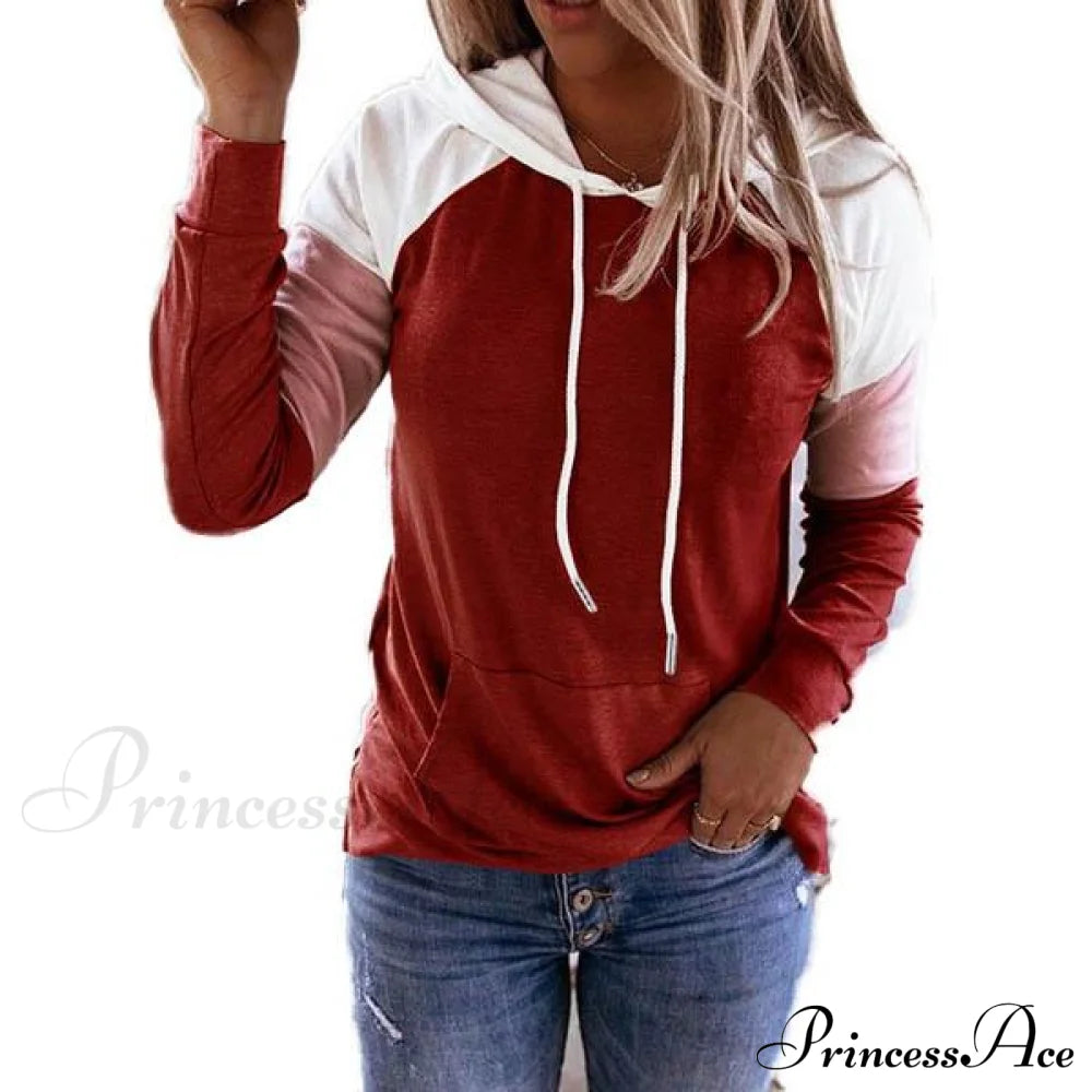 Winter Women’s Fashion Casual Sweatshirts Long Sleeve Hooded Pullover Loose Block Color Pockets Sweatshirts Wine Red __stock:100 clothes refund_fee:800 tops