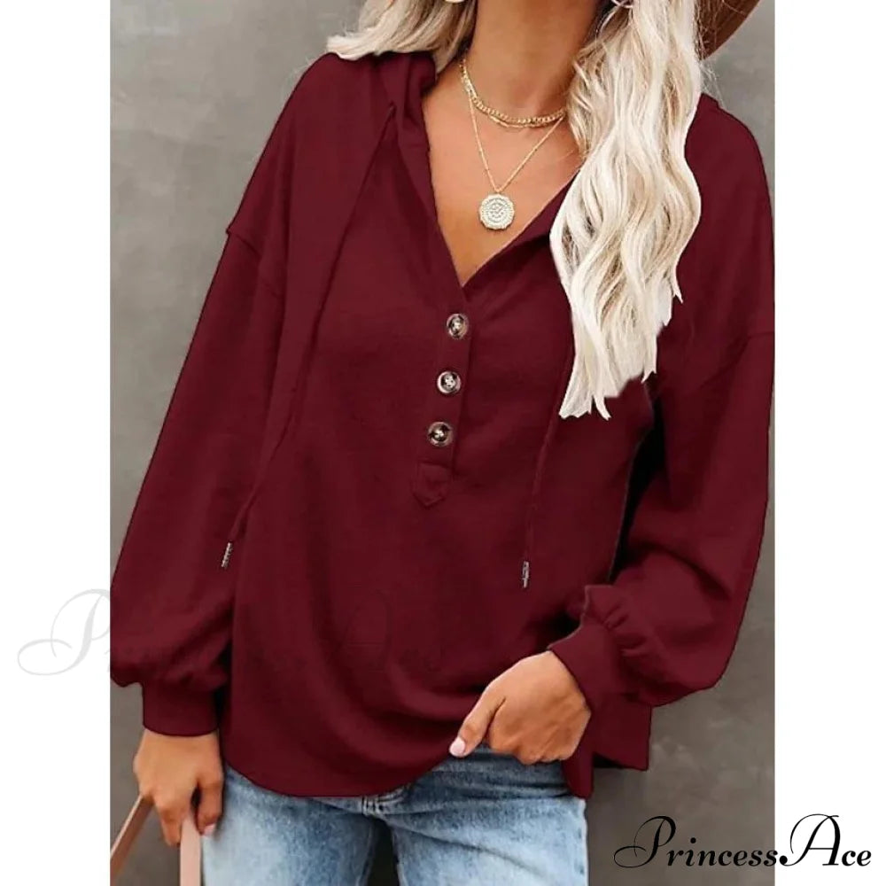 Women's Hoodie Sweatshirt Solid Color Wine Red __stock:50 clothes refund_fee:800 tops