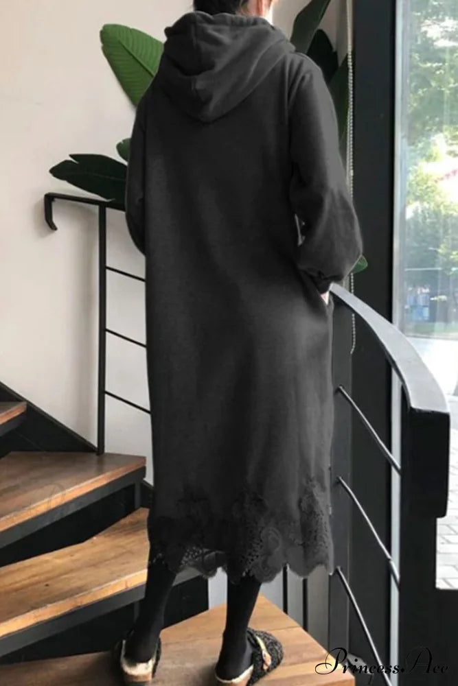 Hoodie Dress With Lace Hem Black / 4Xl Midi Dresses