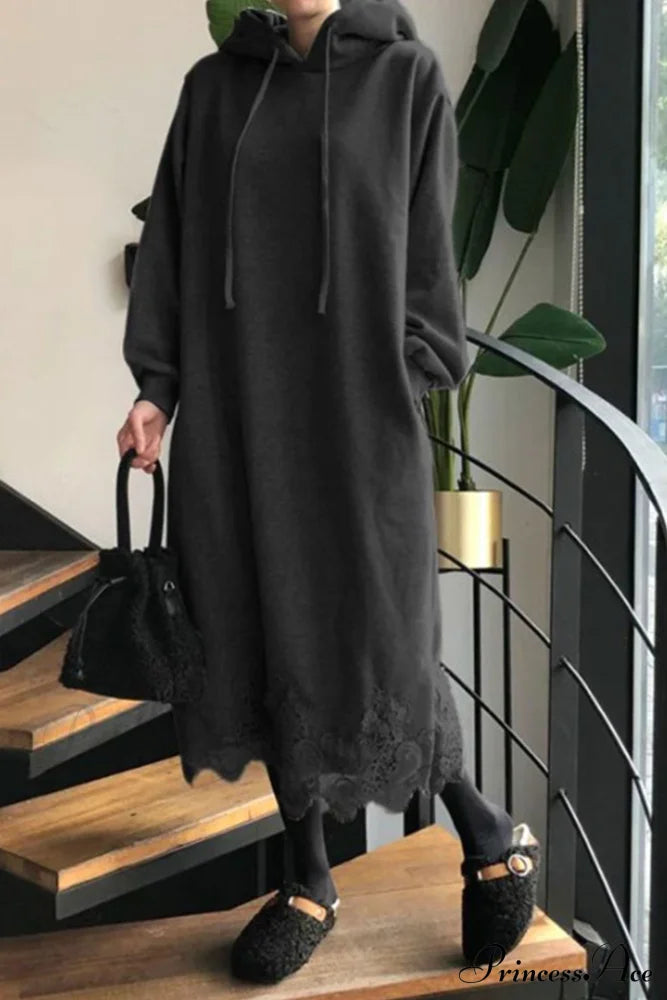 Hoodie Dress With Lace Hem Black / S Midi Dresses